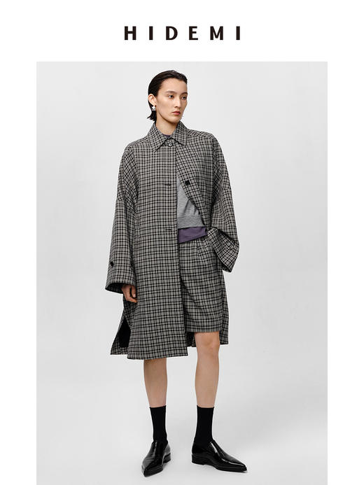 HIDEMI 格纹大廓形伞状廓形极简套装 风衣/中短裤 商品图1