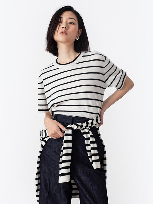 322工房经典再造羊毛羊绒圆领针织T恤2023春夏条纹针织套头衫B024 商品图0