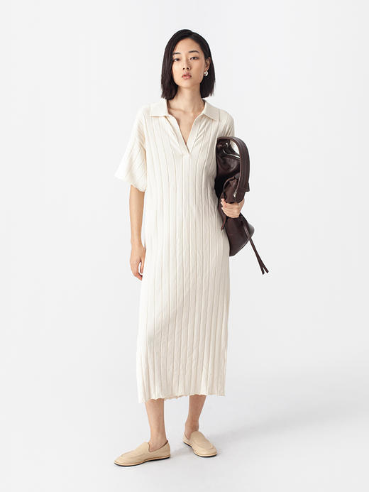 322工房质感棉羊绒坑条针织连衣裙2023春夏经典polo领长裙女B025 商品图1