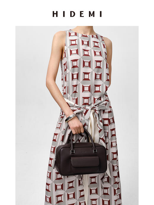 HIDEMI “我们做印花”经典几何设计感廓形印花缎面连衣裙 米绿 商品图8