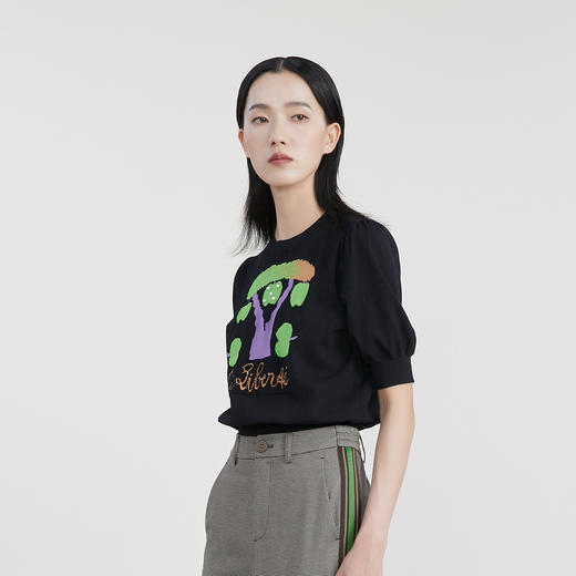 谜底套头针织衫短袖女2023春季新款百搭圆领泡泡袖上衣231MZ0304 商品图1