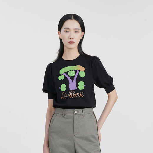 谜底套头针织衫短袖女2023春季新款百搭圆领泡泡袖上衣231MZ0304 商品图0