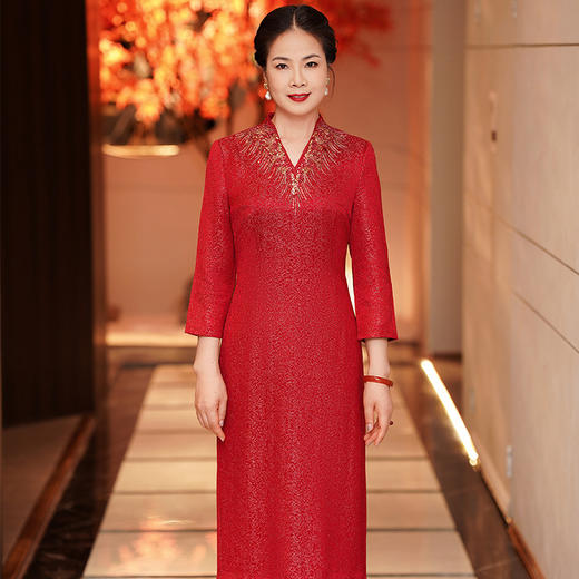MLY礼服女酒会改良旗袍婚庆年会贵夫人红色连衣裙 商品图5