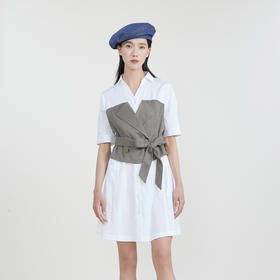 谜底收腰拼接连衣裙女2023春季新款时尚翻领中长裙短袖231ML0107