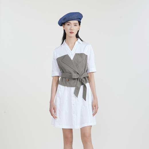 谜底收腰拼接连衣裙女2023春季新款时尚翻领中长裙短袖231ML0107 商品图0