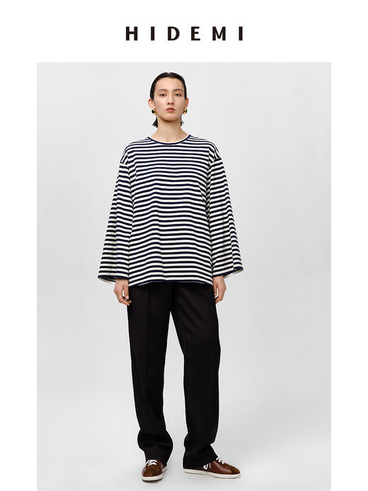 HIDEMI 条纹色织棉喇叭袖廓形圆领长袖针织上衣 蓝白/黑咖 商品图2