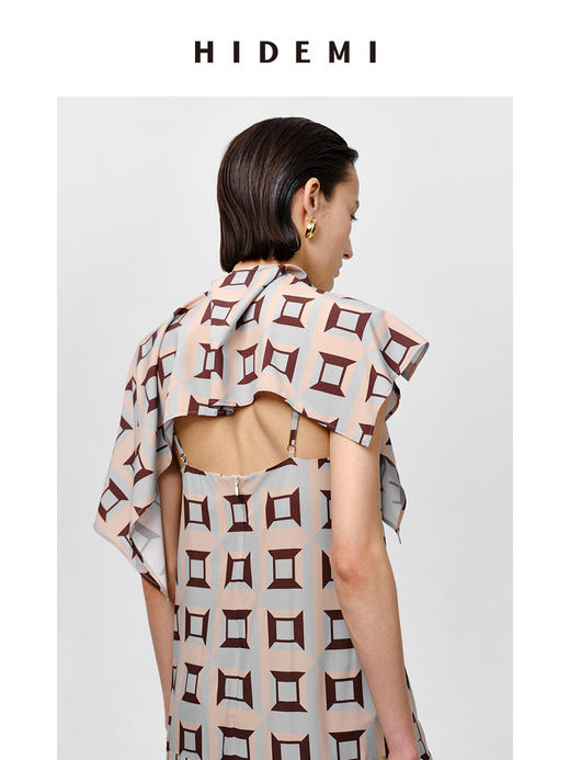 HIDEMI “我们做印花”经典几何设计感廓形印花缎面分体可拆卸斗篷式连衣裙 黄蓝 商品图8