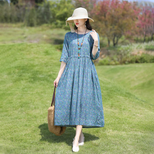 文艺棉麻印花连衣裙，复古收腰系带显瘦碎花SJ-3174 商品图3