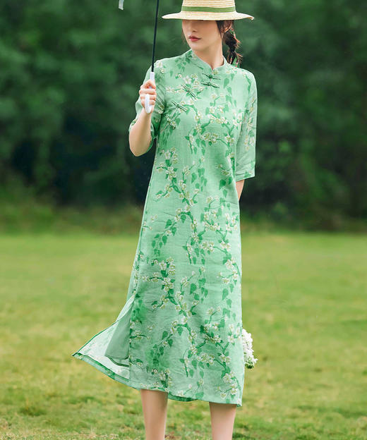 春夏新款，古典气质侧开叉女高考旗袍改良式文艺苎叶印花连衣裙YM-S370 商品图2