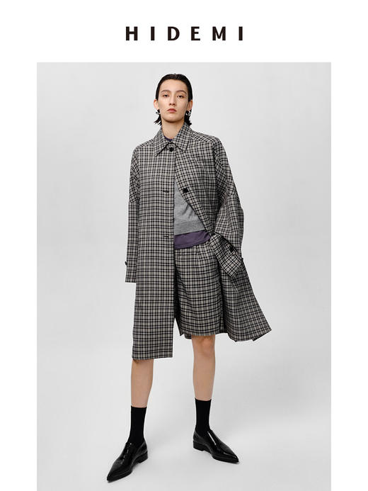 HIDEMI 格纹大廓形伞状廓形极简套装 风衣/中短裤 商品图0