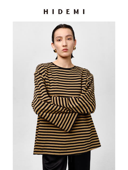 HIDEMI 条纹色织棉喇叭袖廓形圆领长袖针织上衣 蓝白/黑咖 商品图9