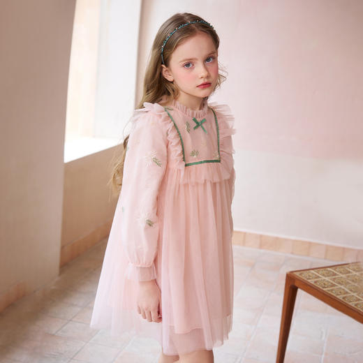 mettekids女童连衣裙春秋新款儿童粉色裙子中大童网纱公主裙童装 商品图4