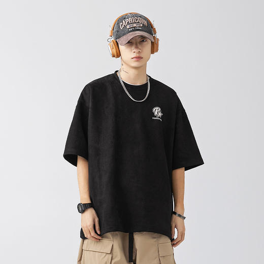 「三款配色！麂皮绒材质」OVERSIZE版|麂皮绒短袖T恤 男装春夏新款美式街头宽松立体印花体恤上衣 商品图2