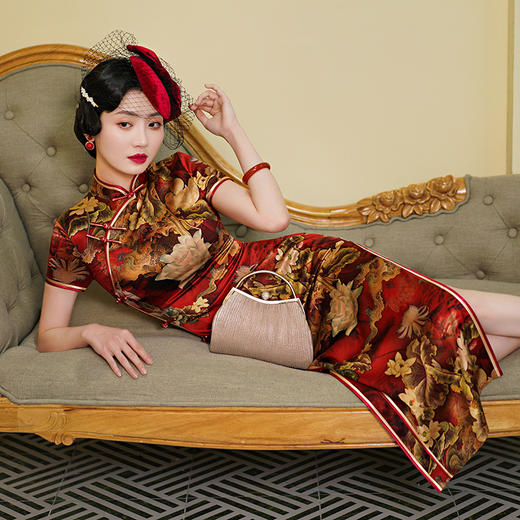 WX-WXG-14复古修身长款真丝旗袍 日常时尚改良桑蚕丝旗袍 商品图3