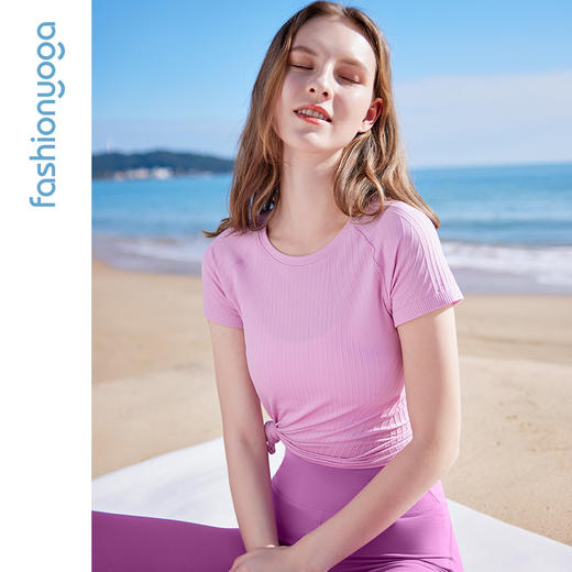 【双11满减】凡圣瑜伽Q弹条纹一体织短袖 F13309 商品图0