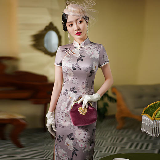 WX-WXG-17春夏新款女弹力真丝旗袍桑蚕丝优雅旗袍连衣裙 商品图1