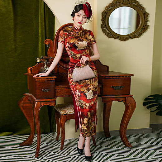 WX-WXG-14复古修身长款真丝旗袍 日常时尚改良桑蚕丝旗袍 商品图0