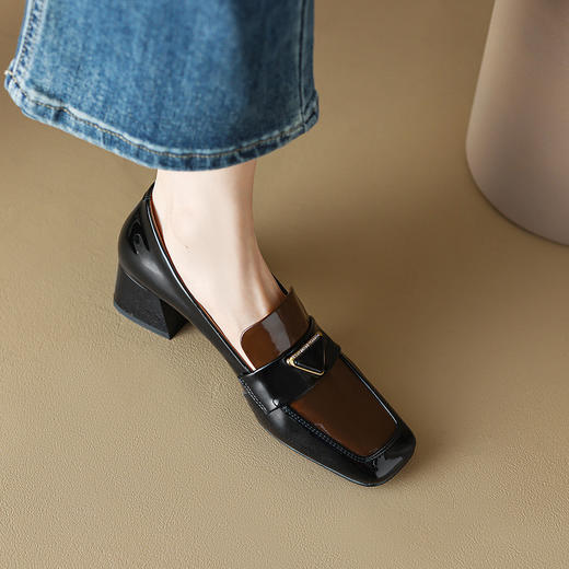 法式复古，粗跟玛丽珍职业拼色女春秋高跟鞋方头粗跟漆皮单鞋HCY-3307 商品图6