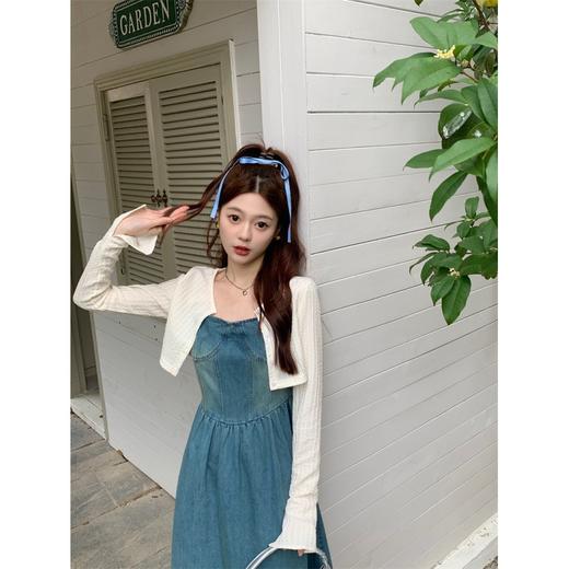 大码女装韩版抹胸牛仔吊带连衣裙+短款长袖开衫胖MM两件套 商品图3