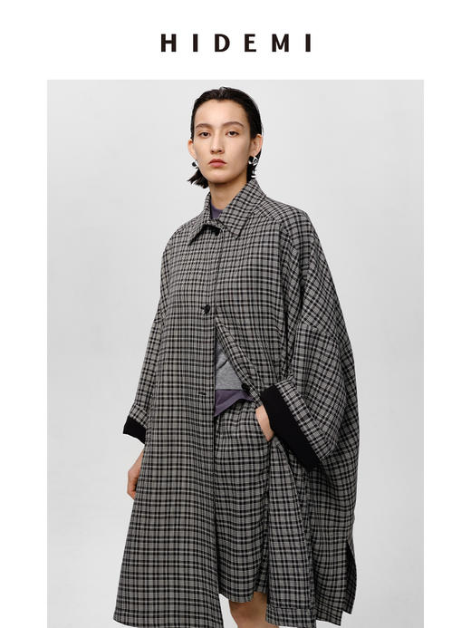 HIDEMI 格纹大廓形伞状廓形极简套装 风衣/中短裤 商品图2