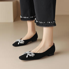 黑色磨砂翻皮水钻蝴蝶结细跟小方头浅口单鞋HCY-3344