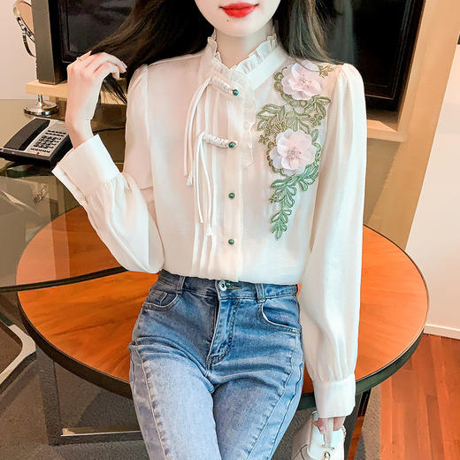 KQL 157T6030荷叶领绣花衬衫修身显瘦雪纺衫 商品图1