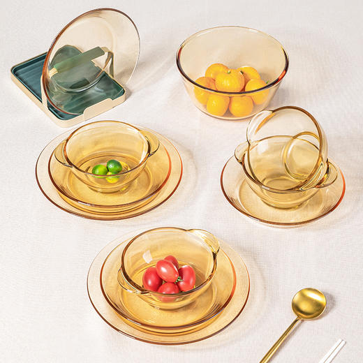 Debo德铂尤妮思琥珀色高硼硅玻璃碗盘子甜品水果沙拉碗耐高温家用大碗盘 商品图3