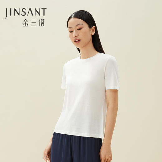 金三塔真丝T恤女桑蚕丝针织软糯裸感舒适简约宽松上衣女家居短裤  YZFDA703 商品图0