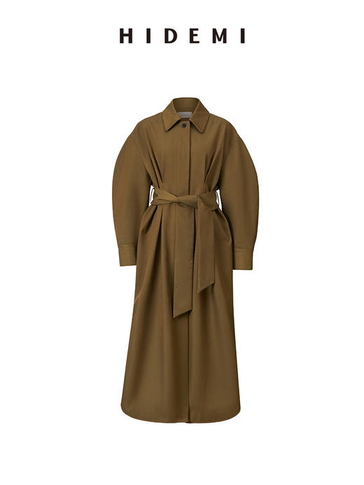 HIDEMI 军绿色斜纹廓形袖极简设计感纽扣腰带式长款风衣外套 商品图10