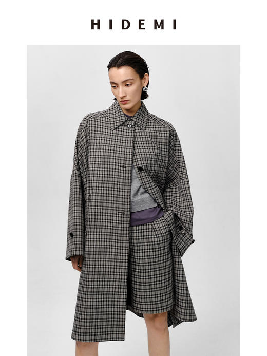 HIDEMI 格纹大廓形伞状廓形极简套装 风衣/中短裤 商品图3