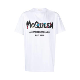 ALEXANDER MCQUEEN 亚历山大.麦昆 男士棉质字母涂鸦徽标印花圆领短袖T恤 白色 727285 QUZ22 0900