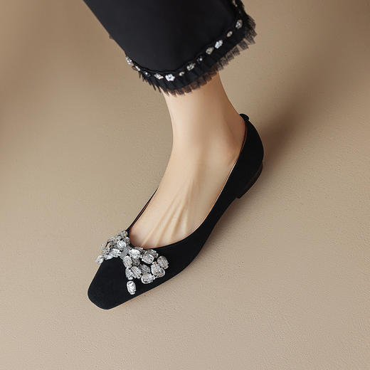 黑色磨砂翻皮水钻蝴蝶结细跟小方头浅口单鞋HCY-3344 商品图5