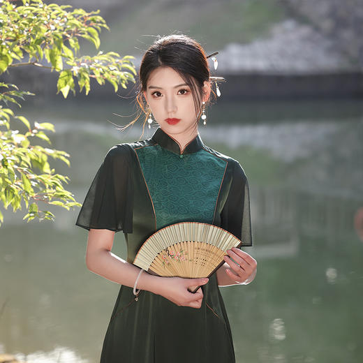 夏季新款，长款醋酸旗袍拼接元素修身单层旗袍连衣裙JLM-3009 商品图5