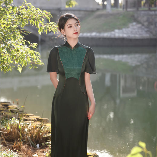 夏季新款，长款醋酸旗袍拼接元素修身单层旗袍连衣裙JLM-3009 商品图1