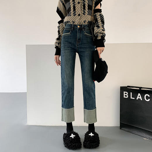 HEY+JEANS韩系翻边直筒 高腰显瘦九分裤 2616# 商品图0