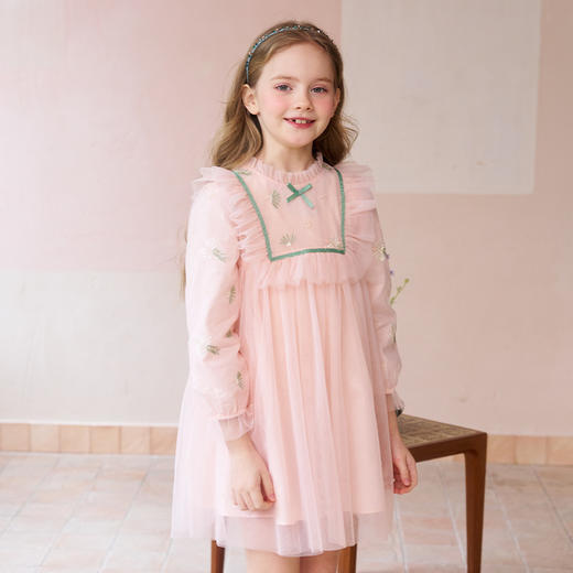 mettekids女童连衣裙春秋新款儿童粉色裙子中大童网纱公主裙童装 商品图5