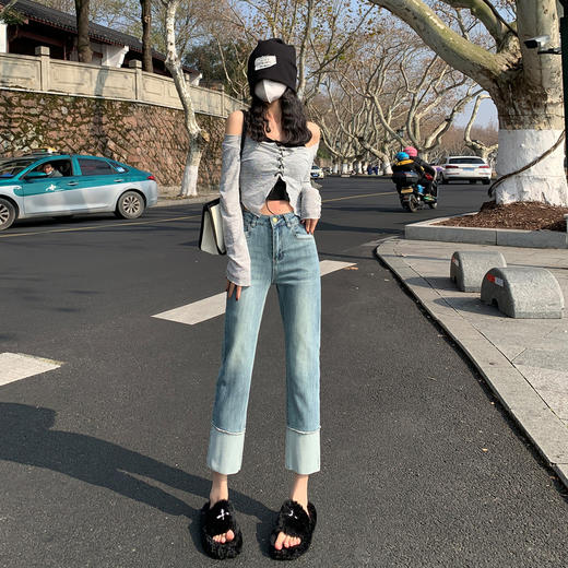 HEY+JEANS韩系翻边直筒 高腰显瘦九分裤 2616# 商品图1