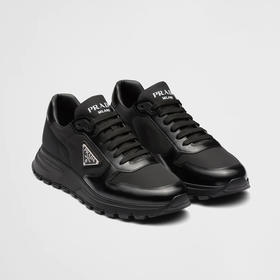【一】PRADA 普拉达 男士 Re-Nylon 再生尼龙和亮面皮革金属三角形徽标休闲运动鞋 黑色 2EE369 3LF5 F0632