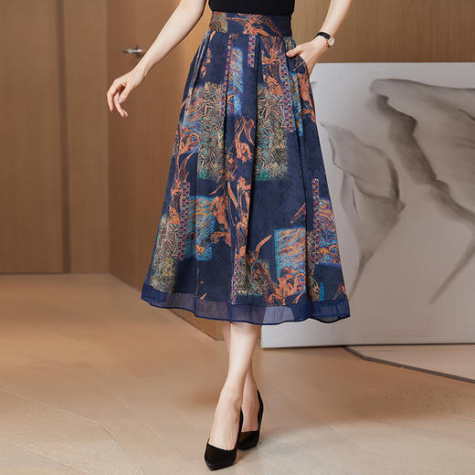 春季新款，花萝仿真丝香云纱提花中长款高腰A字半身裙KQL-422H1210 商品图0