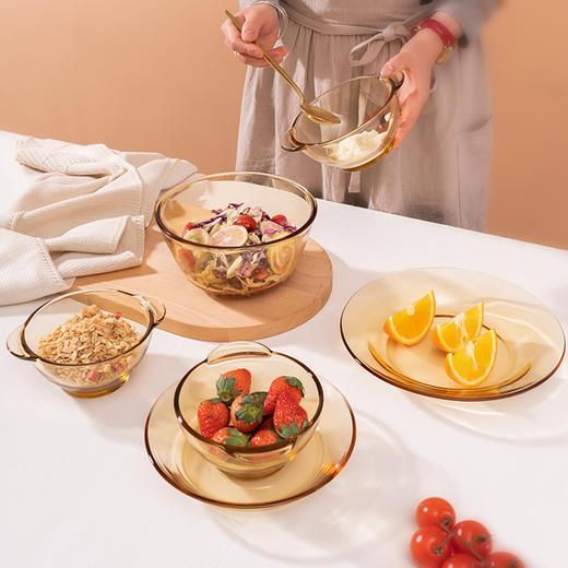 Debo德铂尤妮思琥珀色高硼硅玻璃碗盘子甜品水果沙拉碗耐高温家用大碗盘 商品图1
