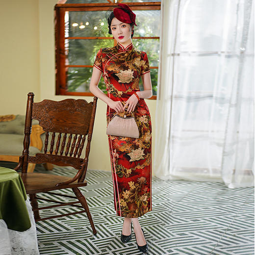 WX-WXG-14复古修身长款真丝旗袍 日常时尚改良桑蚕丝旗袍 商品图1