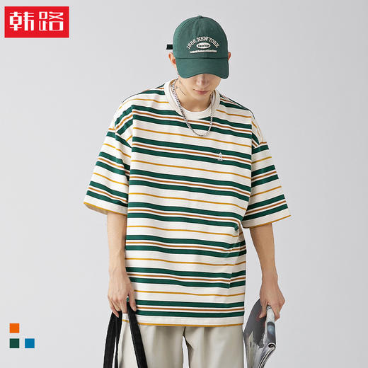 「三款配色」韩路日系男装 潮牌复古撞色条纹T恤男 春夏新款宽松情侣款短袖上衣 商品图0