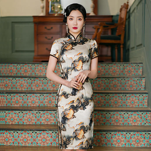 WX-WXG-8新款真丝旗袍桑蚕丝复古夏季短款女改良日常年轻款气质 商品图0