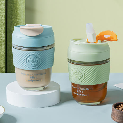 Debo德铂艾朵拉玻璃杯便携小清新有盖吸管杯套创意办公圆形大容量咖啡杯320毫升 商品图3