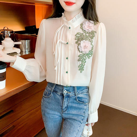 KQL 157T6030荷叶领绣花衬衫修身显瘦雪纺衫 商品图3