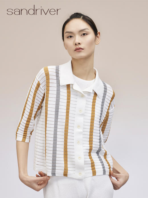 夹条挑孔衬衫领女开衫 SJS95W016K 商品图0