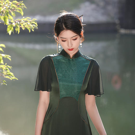 夏季新款，长款醋酸旗袍拼接元素修身单层旗袍连衣裙JLM-3009 商品图0