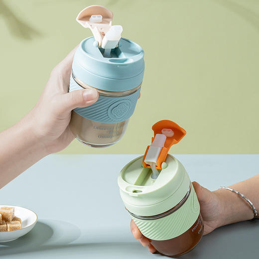 Debo德铂艾朵拉玻璃杯便携小清新有盖吸管杯套创意办公圆形大容量咖啡杯320毫升 商品图2