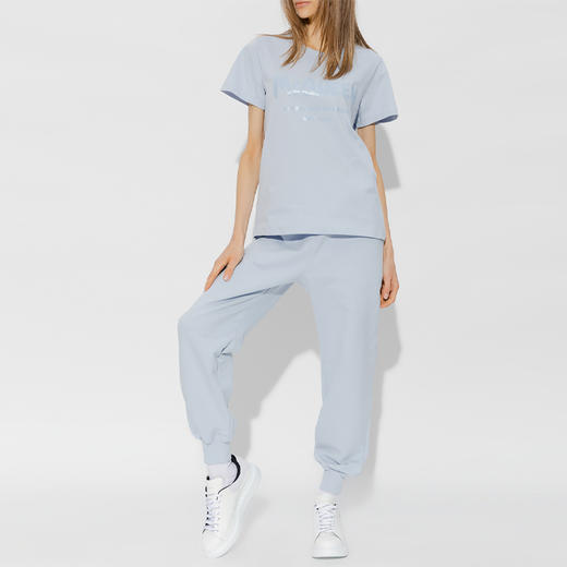 ALEXANDER MCQUEEN 亚历山大.麦昆 女士棉质字母徽标涂鸦印花圆领短袖T恤 浅蓝色 608614 QZAD3 0429 商品图3