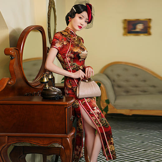 WX-WXG-14复古修身长款真丝旗袍 日常时尚改良桑蚕丝旗袍 商品图2